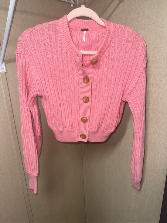 Free People Sweaters - Free People Bubblegum Pink Cropped Ribbed Button-Up Cardigan